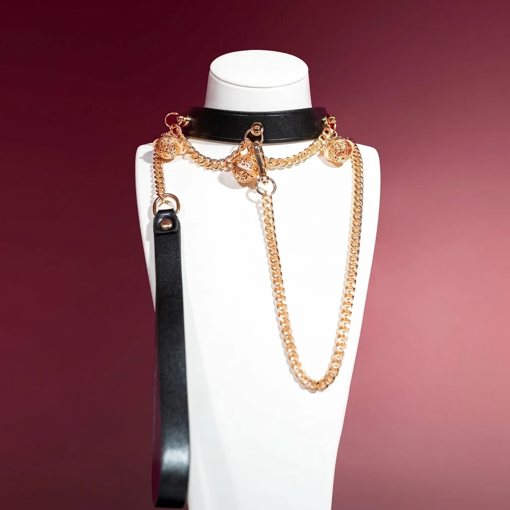 Black Leather Bell Choker Collar with Double Gold Chains - Variant Image 1