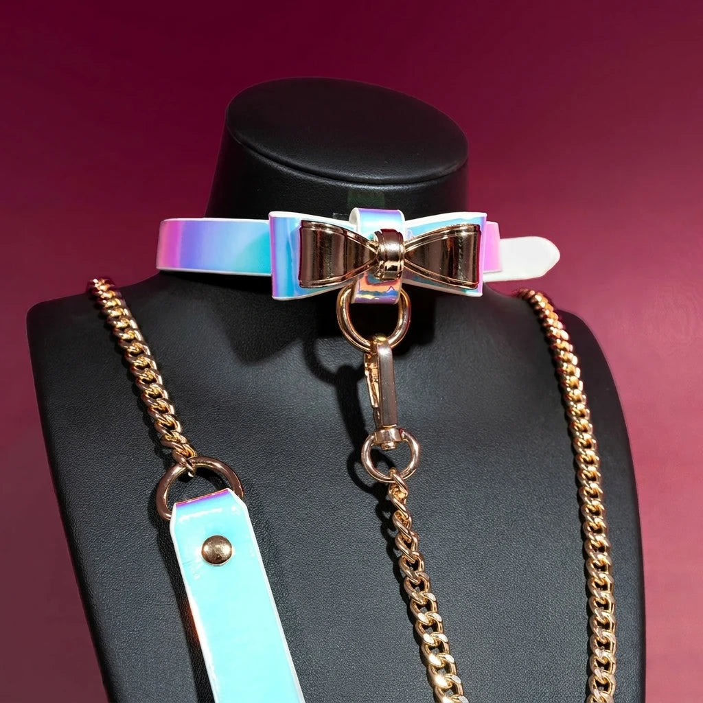Holographic Bow Choker Collar and Leash Set