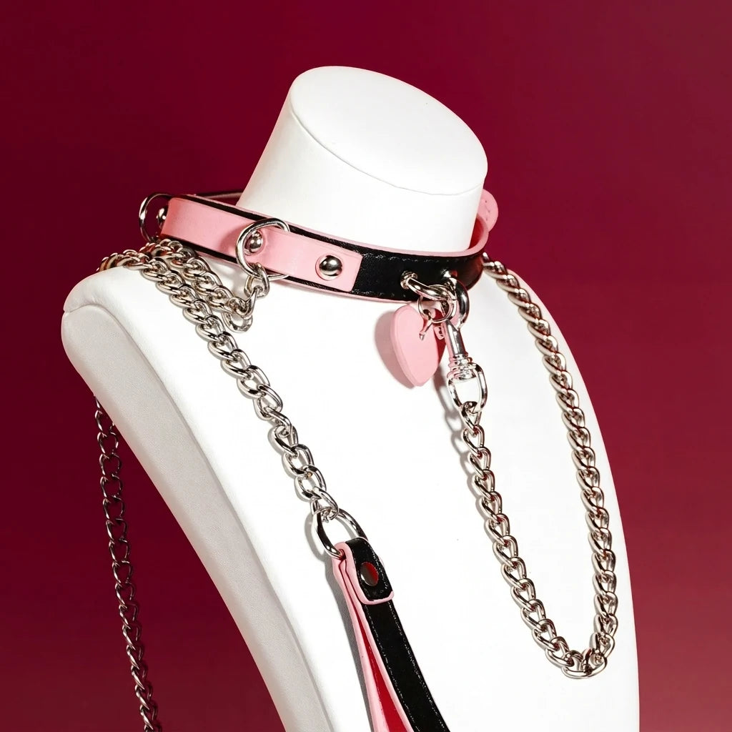 Pink Heart Tag Leather Choker Collar and Chain Leash Set