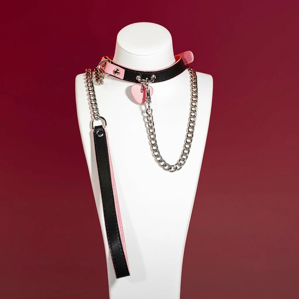 Pink Heart Tag Leather Choker Collar and Chain Leash Set