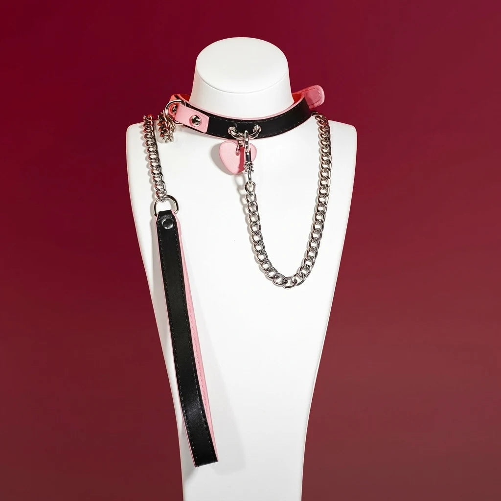 Pink Heart Tag Leather Choker Collar and Chain Leash Set - Variant Image 1