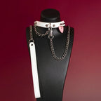 White Heart Tag Leather Choker Collar and Chain Leash Set