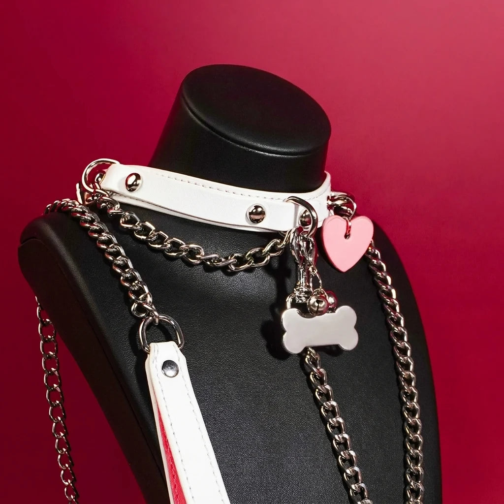White Heart Tag Leather Choker Collar and Chain Leash Set