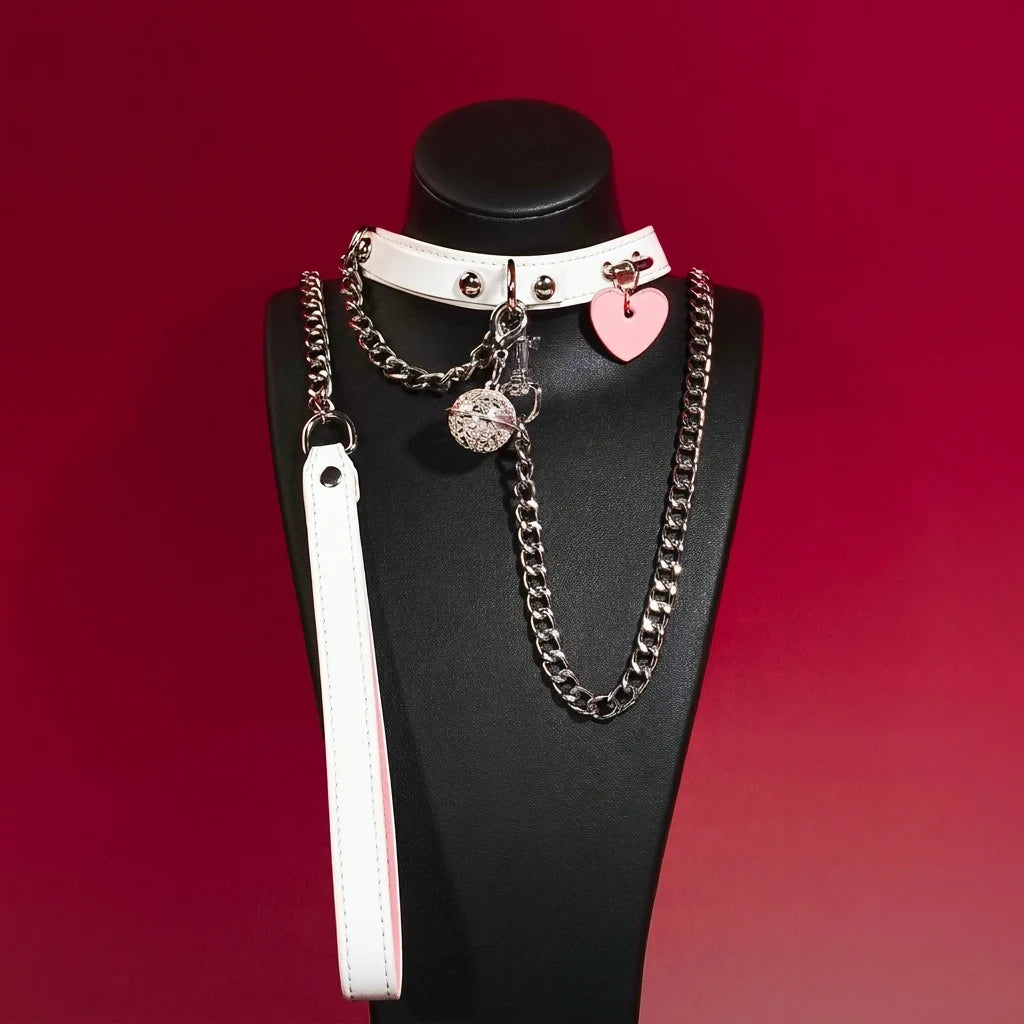 White Heart Tag Leather Choker Collar and Chain Leash Set - Variant Image 2