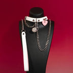 White Heart Tag Leather Choker Collar and Chain Leash Set - Variant Image 2