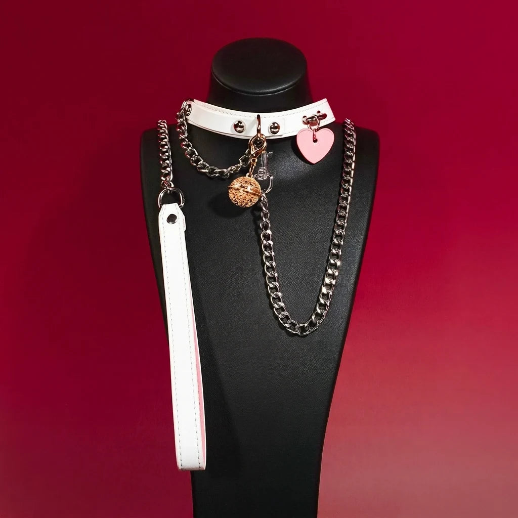 White Heart Tag Leather Choker Collar and Chain Leash Set - Variant Image 3