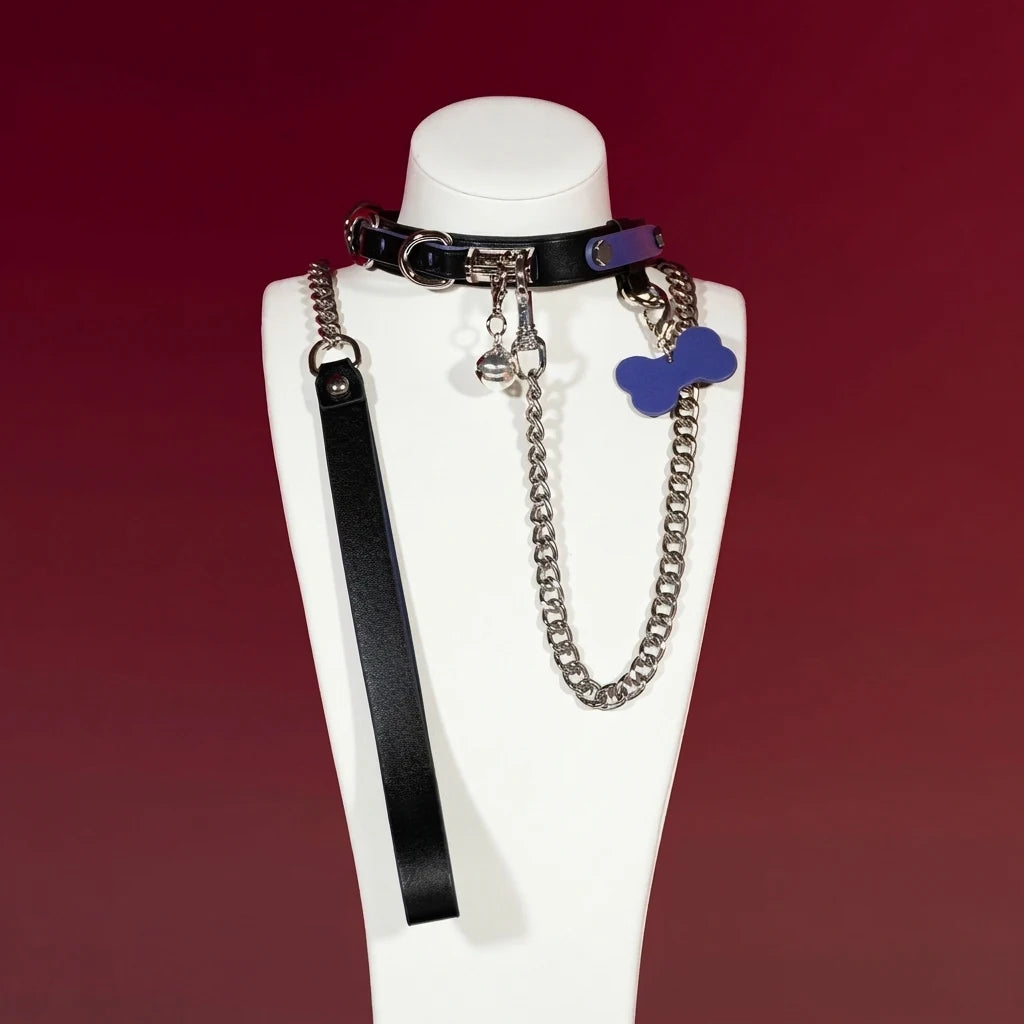 Black Puppy Head Charm Choker Collar and Chain Leash Set