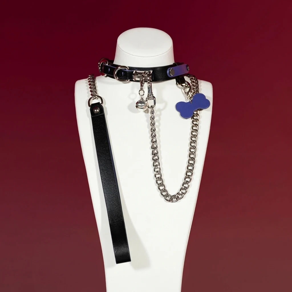 Black Puppy Head Charm Choker Collar and Chain Leash Set - Variant Image 1
