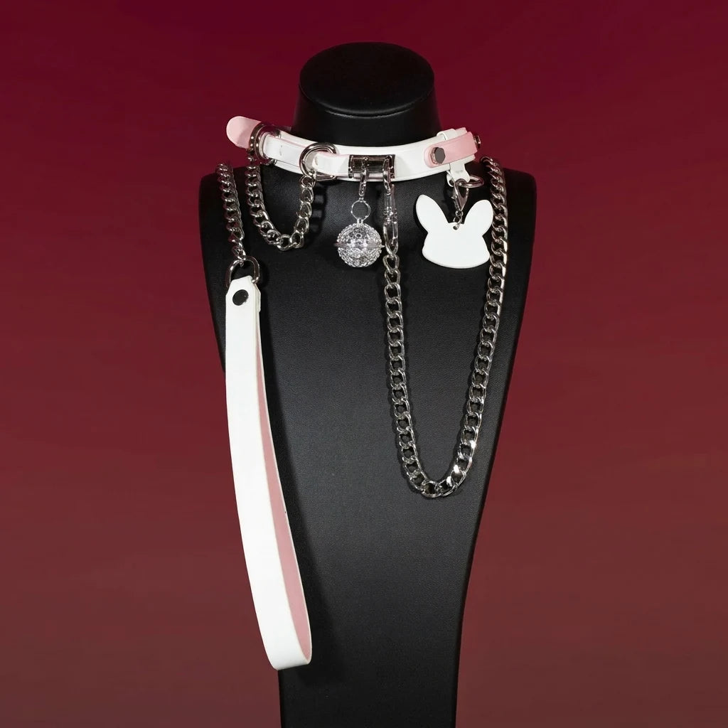Pink and White Bunny Charm Leather Choker Collar Set