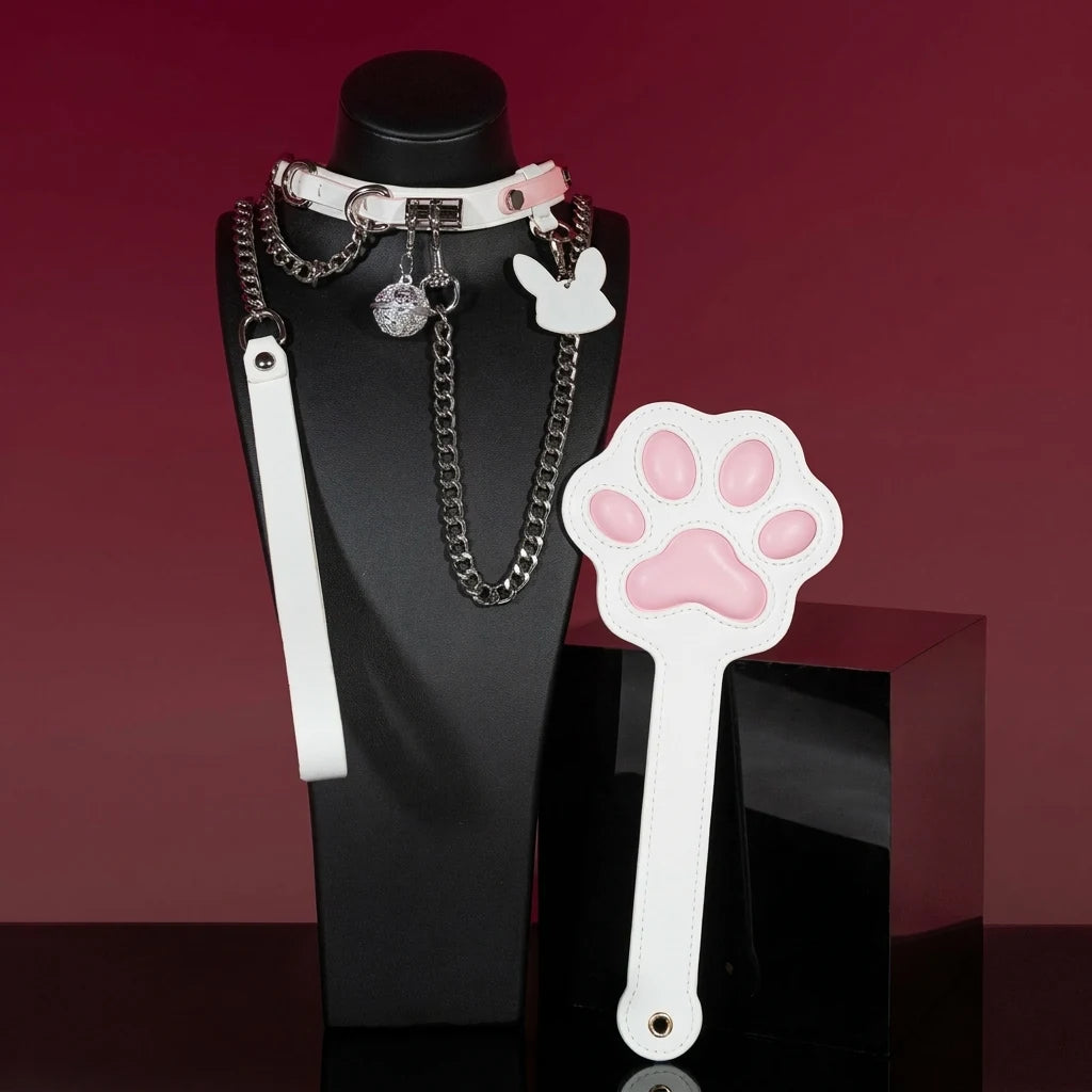 Pink and White Bunny Charm Leather Choker Collar Set