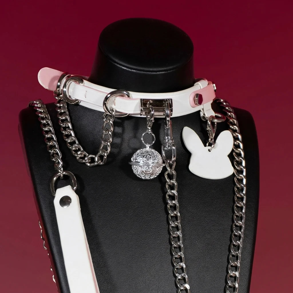 Pink and White Bunny Charm Leather Choker Collar Set