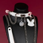 Pink and White Bunny Charm Leather Choker Collar Set