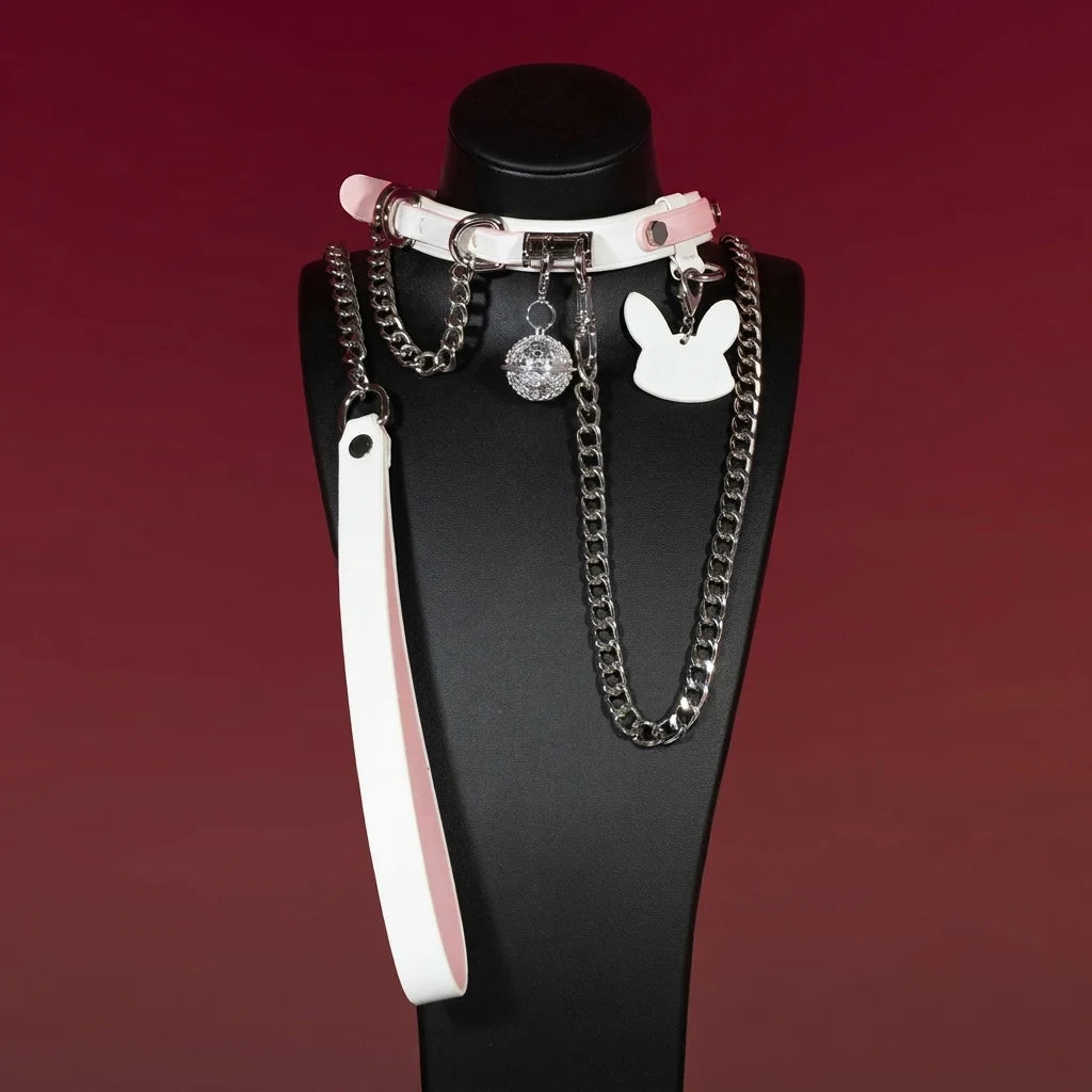 Pink and White Bunny Charm Leather Choker Collar Set - Variant Image 1