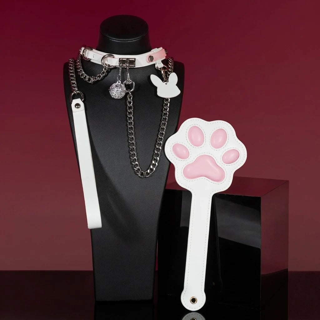 Pink and White Bunny Charm Leather Choker Collar Set - Variant Image 2