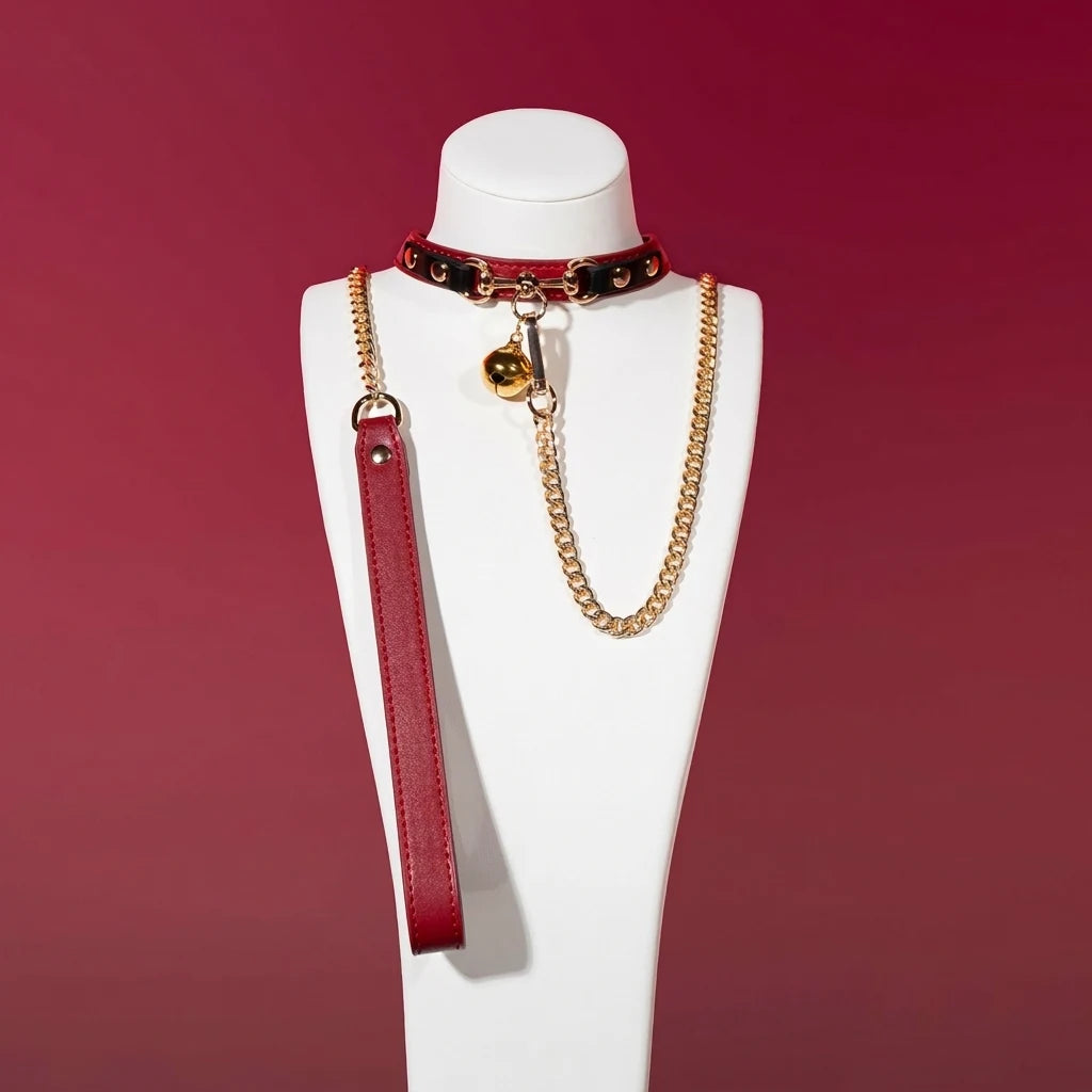 Red Bell Charm Choker Collar and Leash Set