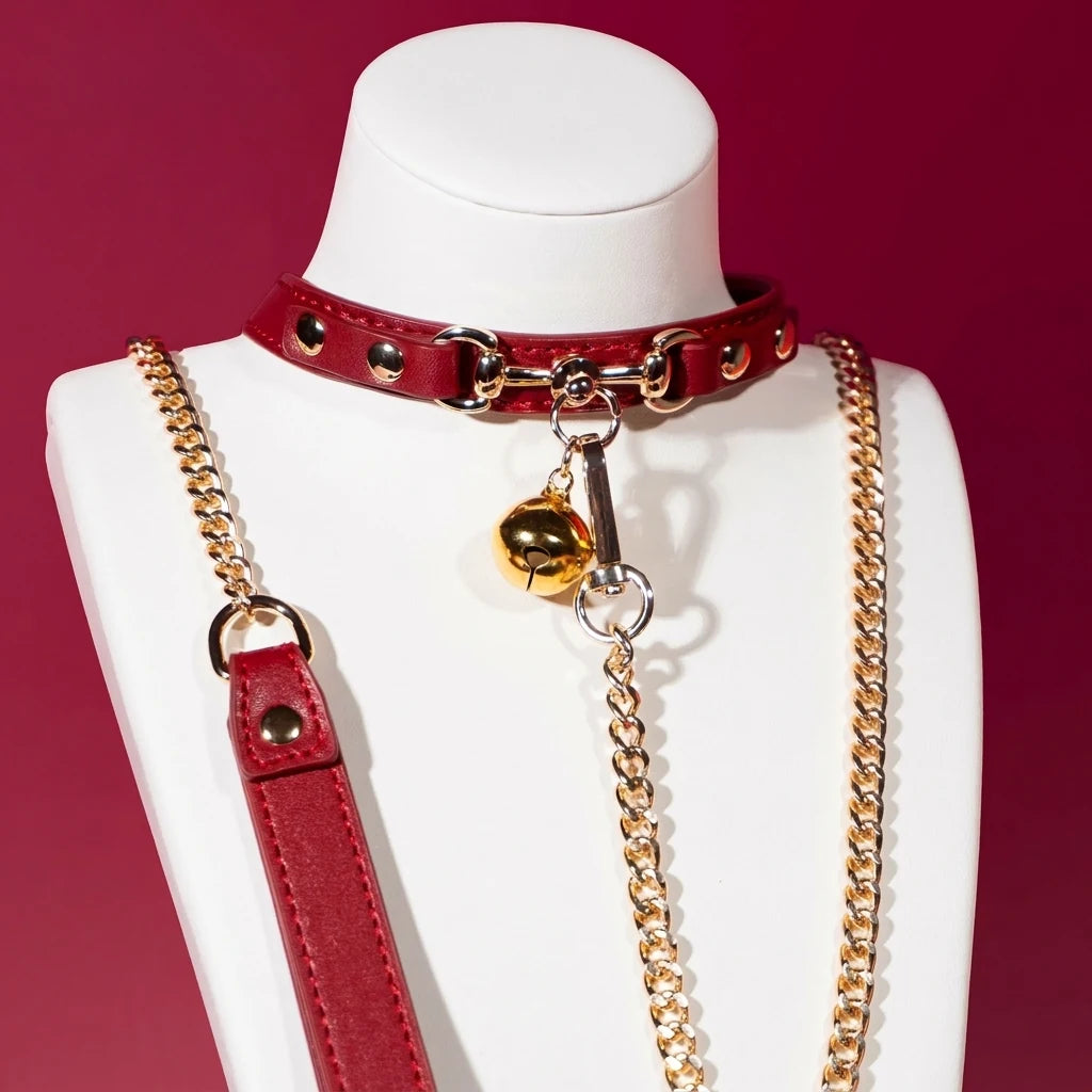 Red Bell Charm Choker Collar and Leash Set