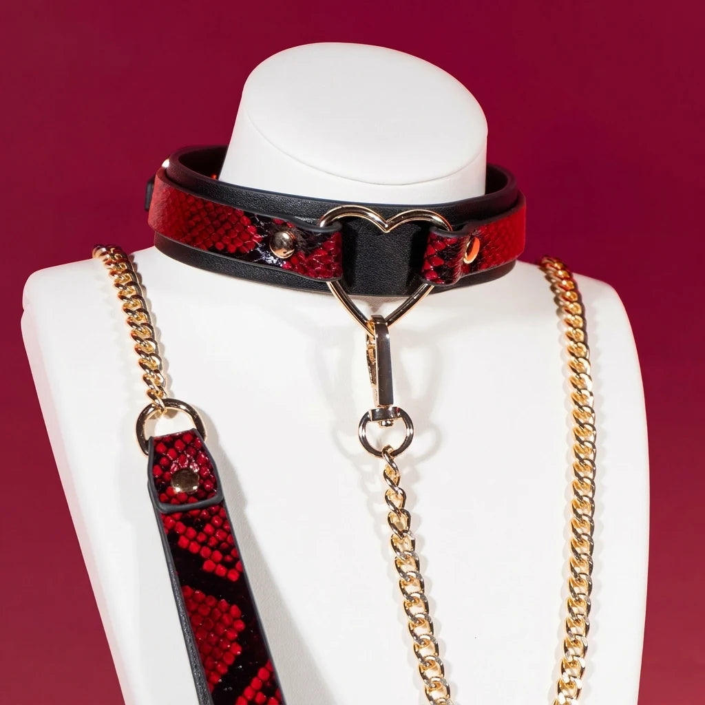 Red Snakeskin Heart Charm Leather Choker Collar Set