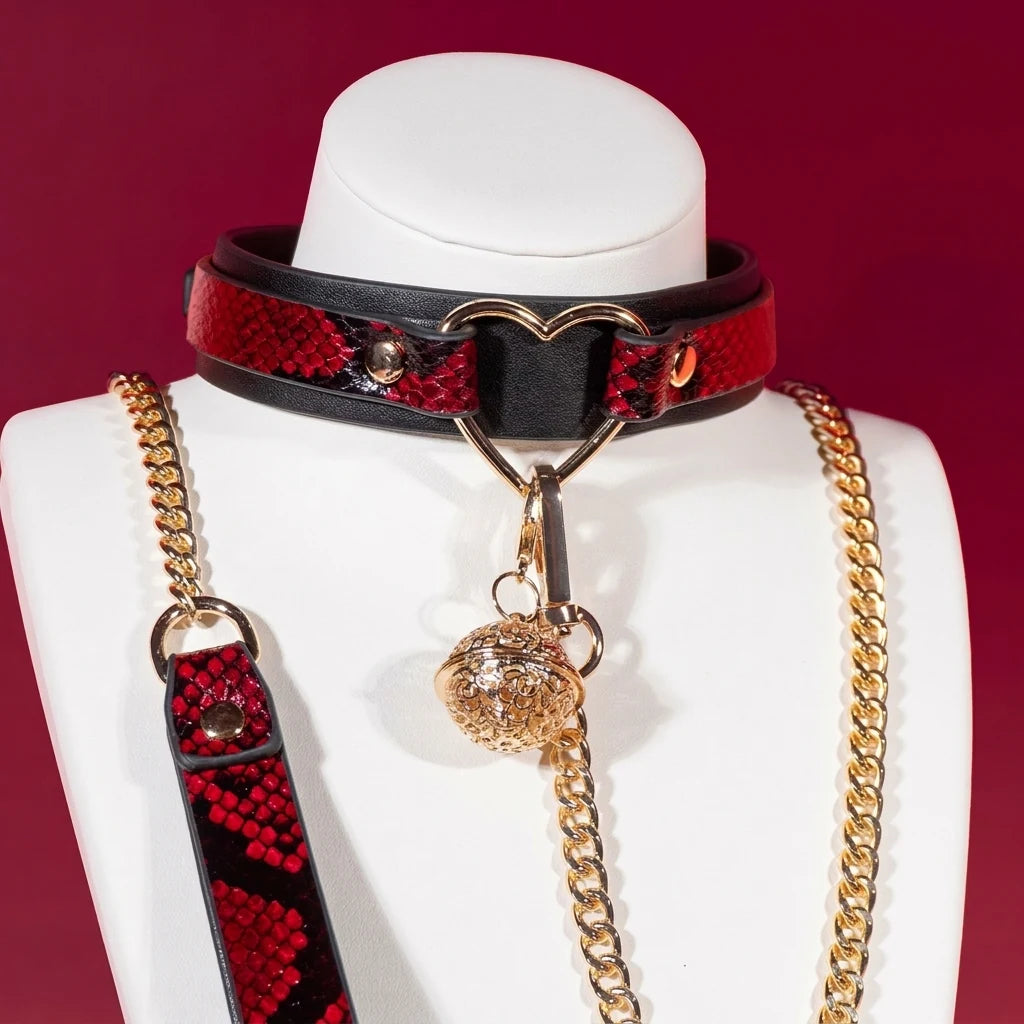 Red Snakeskin Heart Charm Leather Choker Collar Set