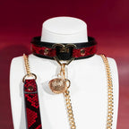 Red Snakeskin Heart Charm Leather Choker Collar Set - Variant Image 4