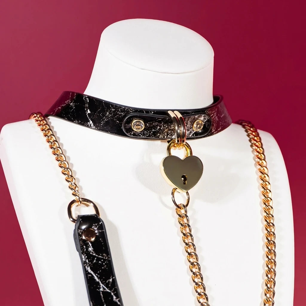 Black Marble Heart Charm Choker Collar Set