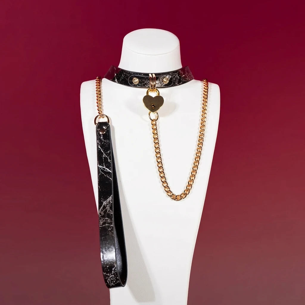 Black Marble Heart Charm Choker Collar Set