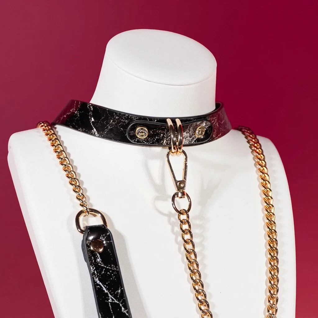 Black Marble Heart Charm Choker Collar Set